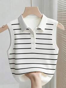 GlowEve Blusa sin mangas casual y versátil con cuello a rayas y botones hasta la mitad del delantero para uso diario - Blanco y Negro - Ver 1