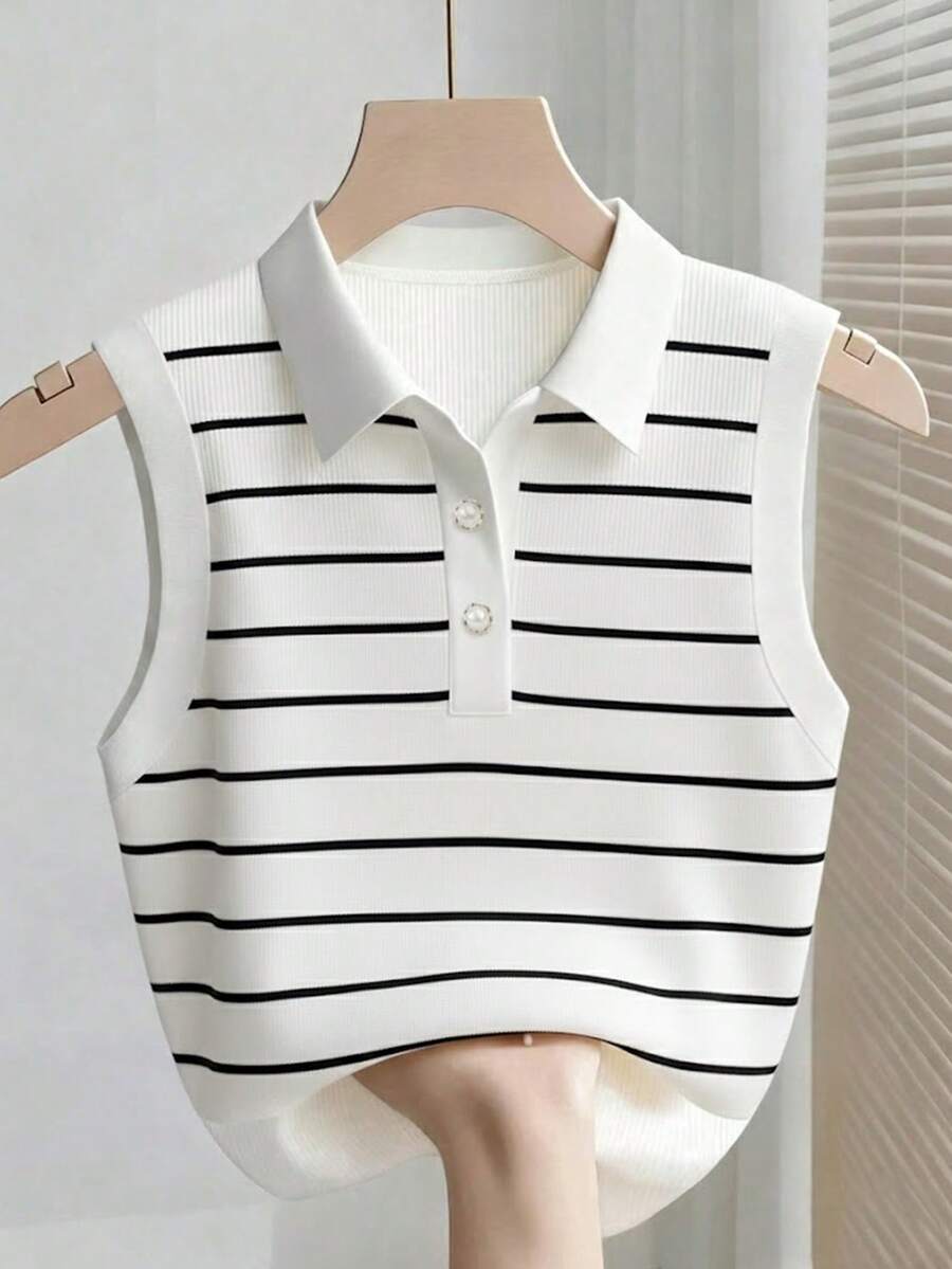 GlowEve Blusa sin mangas casual y versátil con cuello a rayas y botones hasta la mitad del delantero para uso diario - Blanco y Negro - Ver 1