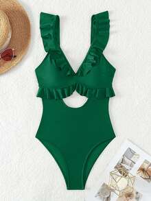 Swim Basics 女士纯色荷叶边镂空连体泳衣，休闲沙滩泳池装 - 墨綠色 - 查看 5