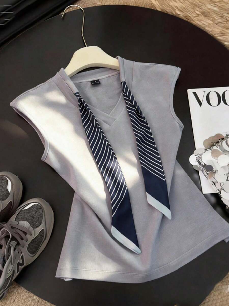 GlowEve Women's Summer Knitted Elastic Fitted V-Neck Drawstring Scarf Attached Shoulder Short Sleeve Hooded Casual Elegant T-Shirt - Grey - View 1