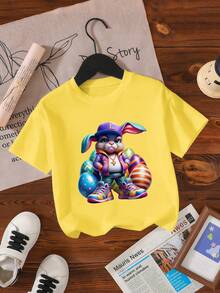 SHEIN Áo thun ngắn tay cổ tròn in hình thỏ hoạt hình và trứng Phục Sinh thời trang cho bé trai, thích hợp mặc ngoài trời, màu vàng, lễ Phục Sinh, mùa hè. - Màu vàng - Xem 3
