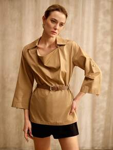 MOTF PREMIUM 100% COTTON 3/4 SLEEVE LOOSE BELTED SHIRT, VINTAGE STYLE - Khaki - View 4