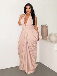 Maweii 大码女式深V领系腰甜美优雅时尚百搭纯色连衣裙 - 粉色 - 查看 5