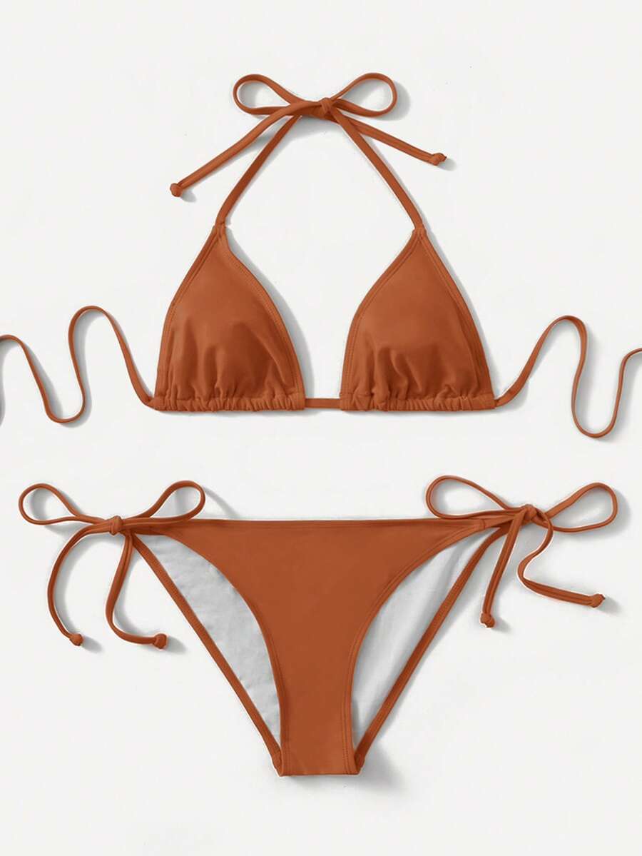 Swim Basics Conjunto de bikini sexy con parte superior de atar al cuello de unicolor para mujer, nuevo diseño de traje de baño para mujer 2026, adecuado para la escuela, vacaciones, citas, té de la tarde, estilo occidental, cruceros, playa, isla, viajes por carretera, todas las estaciones, festivales de música, vacaciones bohemias, vacaciones occidentales y bohemias, tops elegantes para mujer - Marrón - Ver 1