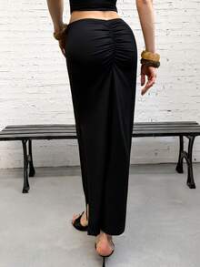 FavEase Women's Casual Commuter Knit Elastic Waist Slit Skirt, Slimming Fit, Solid Black, Minimalist Fashion, Spring/Summer New - Black - View 3