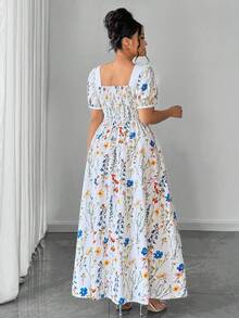 Elenzga Đầm chữ A tay cánh hoa cổ vuông thanh lịch dành cho nữ cỡ lớn, viền bèo nhún, thích hợp cho mùa xuân/hè. - Nhiều màu - Xem 2