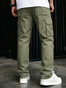 Manfinity Homme Quần cargo nam màu trơn, kiểu dáng thường ngày, thích hợp cho mùa xuân và mùa thu. - Cỏ xanh - Xem 2