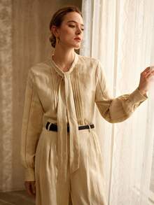 MOTF PREMIUM Áo sơ mi dài tay cổ ruy băng bằng vải lanh, kiểu dáng cổ điển, thanh lịch, thích hợp cho việc đi làm, mùa xuân/hè. - Màu be - Xem 6