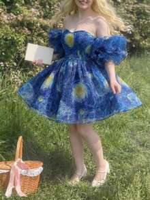 SHEIN MOD Plus Size Red Elegant Short Solid Color Off-Shoulder Ruffle Sleeve, Plus Size Puff Sleeve, Suitable For Party, Christmas, Birthday, Vintage Palace Style, Romantic.Plus Size Blue Cocktail Dress Starry Night Print Artistic Pattern Off Shoulder Sweetheart Neckline Puff Sleeves Layered Chiffon Flowy Silhouette Painterly Texture Lightweight Fabric Vibrant Swirl Design Dreamy Appearance Abstract Style Soft Draping Rich Colors Flared Skirt Creative Vibe Whimsical Charm Eye-Catching Details - Blue - View 6