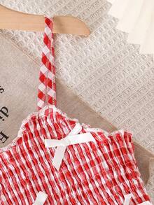 SHEIN 少女休闲可爱清新田园风蝴蝶结荷叶边格子吊带连衣裙 - 紅色 - 查看 5