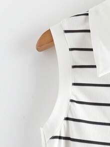 GlowEve Blusa sin mangas casual y versátil con cuello a rayas y botones hasta la mitad del delantero para uso diario - Blanco y Negro - Ver 3