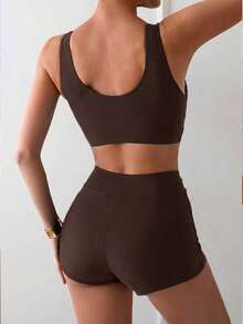 Swim Vcay Women's Solid Color Minimalist Daily Swimwear Set - Coffee Brown - View 7
