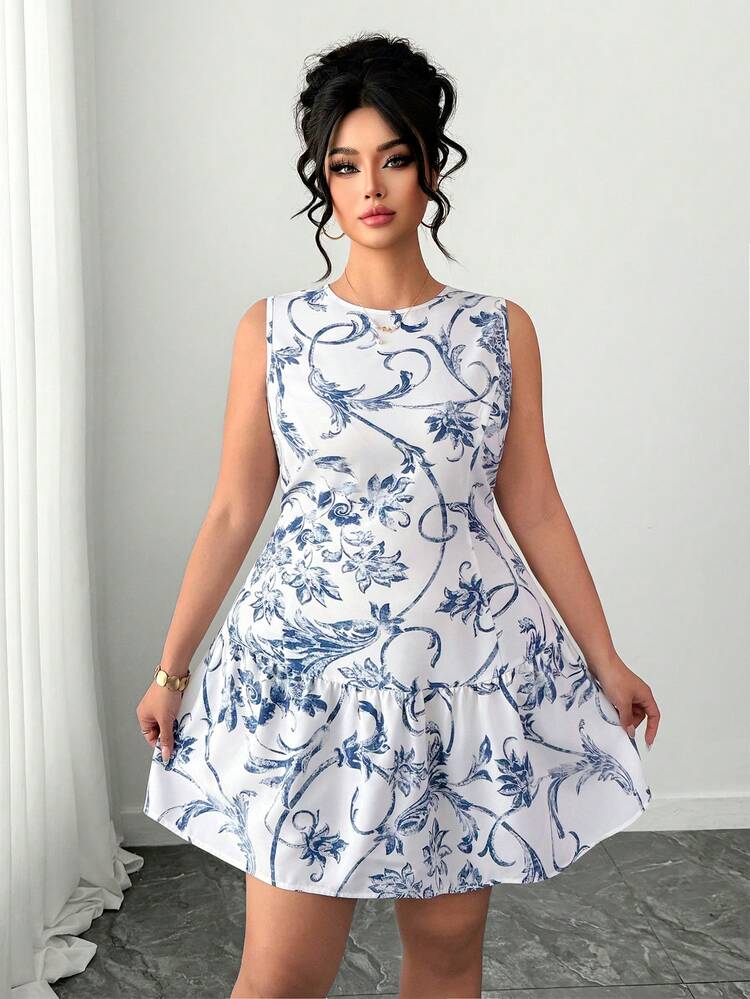 Elenzga Vestido de línea A con cuello redondo y sin mangas con estampado floral elegante para mujer de talla grande, adecuado para ir al trabajo en verano - Azul y blanco - Añade 3