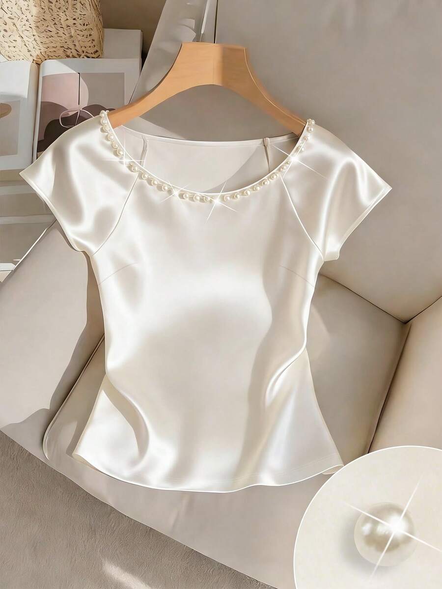 GlowEve Women's Knitted Elastic Satin Glossy Scoop Neck Raglan Sleeve Hooded Waist Fitted Studded Luxurious Elegant Casual T-Shirt - White - View 1