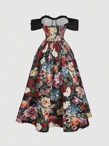 SHEIN MOD 大码复古碎花露肩连衣裙，优雅浪漫度假装，春夏款 - 彩色 - 查看 2