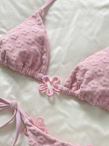 Swim Mod Set Bikini Halter Wanita Warna Pink dengan Detail Bunga dan Bagian Bawah dengan Tali Samping - Berwarna merah muda - View 6