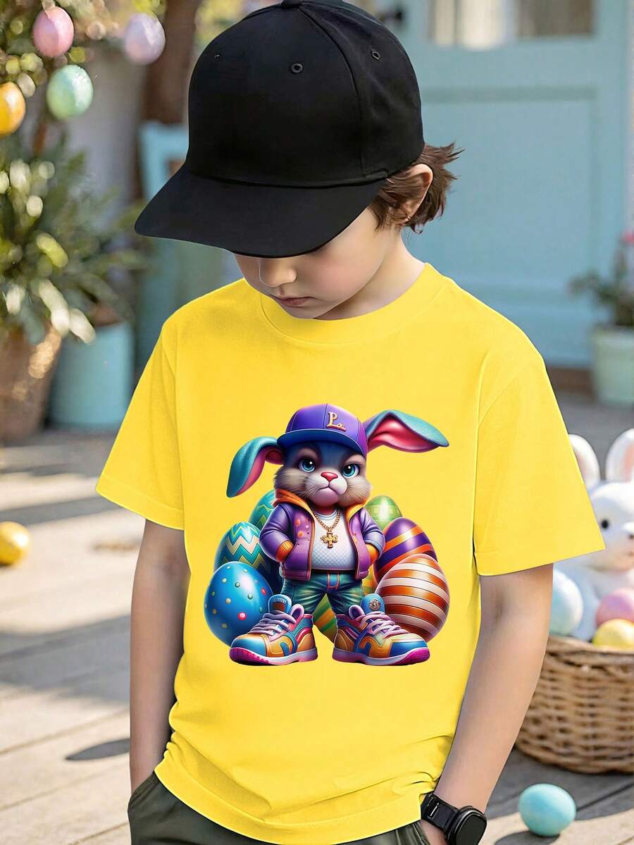 SHEIN Áo thun ngắn tay cổ tròn in hình thỏ hoạt hình và trứng Phục Sinh thời trang cho bé trai, thích hợp mặc ngoài trời, màu vàng, lễ Phục Sinh, mùa hè. - Màu vàng - Xem 1
