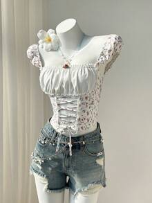 Elamini 女士甜美休闲日常百搭时尚碎花撞色系带短袖露脐上衣，适合外出、通勤和聚会 - 彩色 - 查看 4