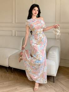 Modelyn 女士褶皱腰身修身斜肩印花连衣裙，春夏款 - 彩色 - 查看 5