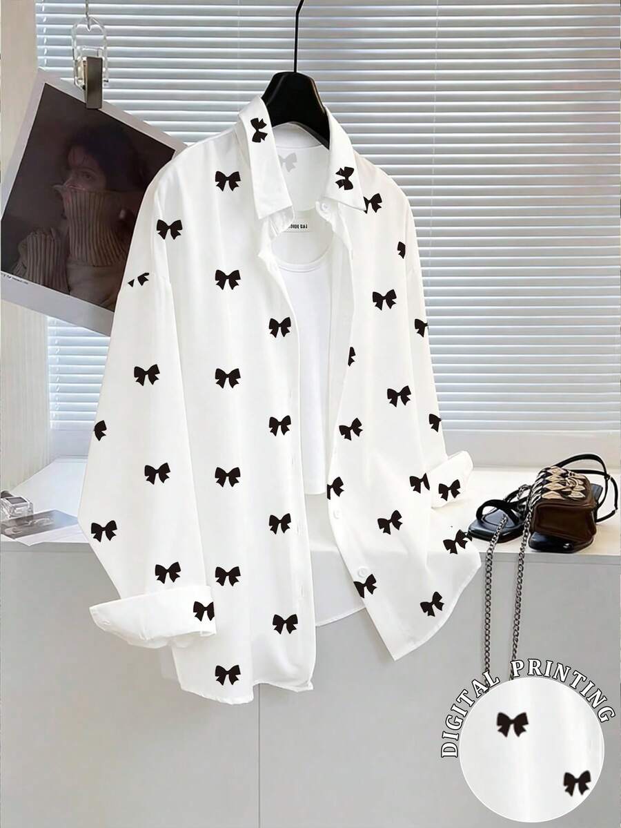 SHEIN Women's Bow Print Loose Long Sleeve Shirt - White - View 1