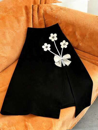 GlowEve CURVE Plus Size Women's Minimalist Fashion Business Floral Decor Front Slit Skirt, Elegant Romantic Vacation, Versatile For Daily Commute, Work, Shopping