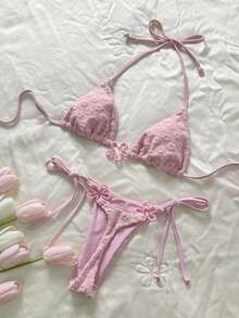 Swim Mod Set Bikini Halter Wanita Warna Pink dengan Detail Bunga dan Bagian Bawah dengan Tali Samping - Berwarna merah muda - View 1