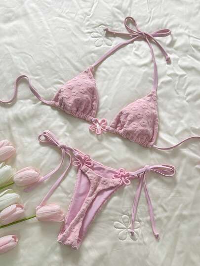 Swim Mod 女士提花面料花卉装饰比基尼套装，春夏款