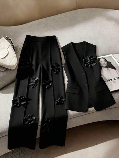 GlowEve CURVE Plus Size Women's Spring/Summer Fashion Business Fitted Sleeveless Blazer Jacket And Loose Elastic Waist Pocket Straight Leg Pants, 3D Floral, Commute & Casual