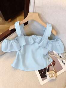 EMERY ROSE Women's Solid Color Off-Shoulder Ruffle Hem Summer Fashion Blouse - Blue - View 2
