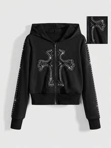 ROMWE Grunge Punk Sudadera con cremallera y remaches con estilo vintage punk para mujeres - Negro - Ver 1