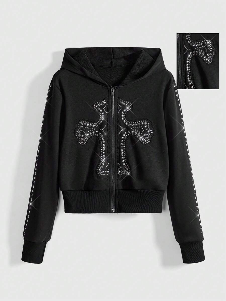 ROMWE Grunge Punk Sudadera con cremallera y remaches con estilo vintage punk para mujeres - Negro - Ver 1
