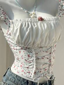 Elamini 女士甜美休闲日常百搭时尚碎花撞色系带短袖露脐上衣，适合外出、通勤和聚会 - 彩色 - 查看 5