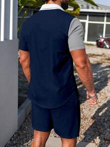 Manfinity CasualCool 男士休闲撞色纽扣短袖衬衫和短裤套装 - 彩色 - 查看 2