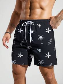 Manfinity Swimmode Quần short nam in hình sao biển và cây dừa, cạp chun có túi, kiểu dáng thường ngày, đa năng, thích hợp đi biển. - màu đen - Xem 3