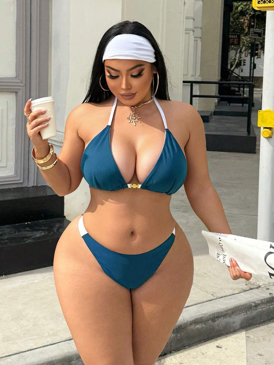 Swim SXY 大码女式两件套纯色挂脖系带性感沙滩度假比基尼泳装 - 綠色 - 查看 1