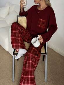 Dream Adore Women's Casual Loose Plaid Print Pajama Set - Burgundy - View 6
