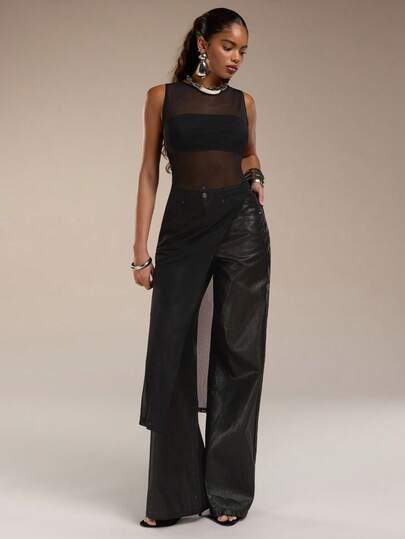 Normani Blusa transparente de mujer de unicolor con cuello redondo y malla, adecuada para citas y salidas