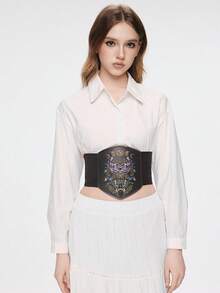 ROMWE Goth Áo corset da co giãn màu tối, thêu họa tiết lá, trăng và hoa, kiểu dáng trang trí, thích hợp mặc hàng ngày, kèm quần jeans. - Màu đen da bướm đêm lá hoa mặt trăng thắt lưng - Xem 2