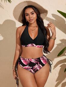 Swim Vcay 2025 Nouveau Ensemble Bikini Grande Taille ras-du-cou Nœud Imprimé Feuilles Tropicales Sexy Croisé Cordon de Serrage, Style Plage, Européen et Américain Transfrontalier - Rose bonbon - Voir 5