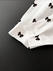 SHEIN Women's Bow Print Loose Long Sleeve Shirt - White - View 4