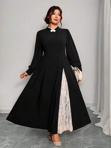 Cravure Elegant Vintage French Romantic Lace & Mesh Contrast Color Stand Collar Button Front Dress, Suitable For Commuting - Black - View 3