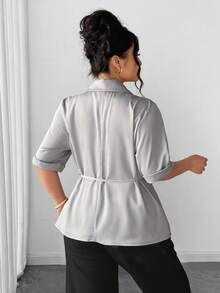 Elenzga Fashionable Casual French Retro Elegant Commuter Bow Tie Collar Half Sleeve Blazer - Light Grey - View 2