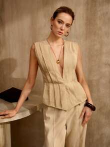 MOTF PREMIUM 女士V领杏色小众时尚百搭优雅修身无袖外套 - 杏色 - 查看 6