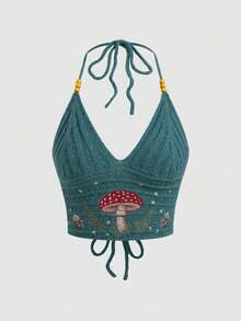 ROMWE Hippie 嬉皮度假风蘑菇植物刺绣串珠女式针织毛衣 - 藍色 - 查看 1