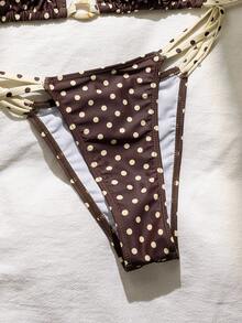 Swim Mod 女士波点印花挂脖系带比基尼两件套泳衣，海滩度假，春夏款 - 棕色 - 查看 4