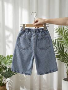 SHEIN Tween Boys' Fashionable Street-Style Slim-Fit Distressed Light Wash Blue Denim Shorts, Casual Versatile - Medium Wash - View 2
