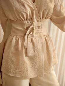 MOTF PREMIUM ELEGANT HIGH-END DESIGN ADJUSTABLE BUCKLE CINCHED WAIST V-NECK LONG SLEEVE LINEN BLOUSE - Apricot - View 3