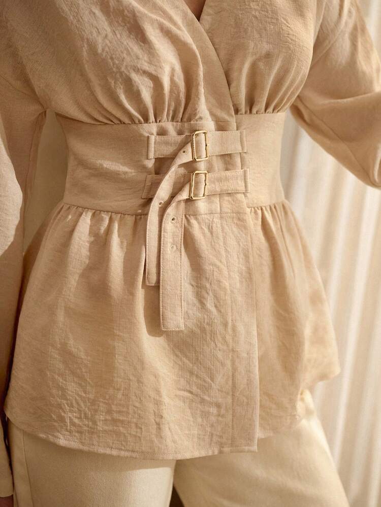 ELEGANT HIGH-END DESIGN ADJUSTABLE BUCKLE CINCHED WAIST V-NECK LONG SLEEVE LINEN BLOUSE