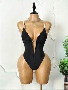 Swim SXY 优雅黑色深V连体泳衣，性感金属扣设计，显瘦塑形，适合度假和水疗 - 黑色 - 查看 10