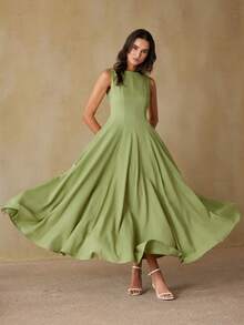 Revavyn 时尚设计感休闲通勤收腰无袖纯色连衣裙 - 綠色 - 查看 3